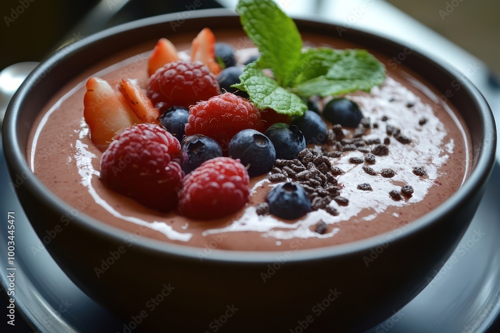 A close-up of a smoothie bowl topped with fresh berries, mint, and chocolate shavings. A close-up of a smoothie bowl topped with fresh berries, mint, and chocolate shavings.