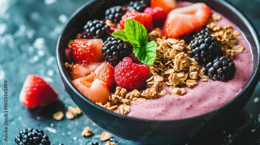 A close-up of a smoothie bowl topped with fresh strawberries, blackberries, raspberries, granola, and mint leaves. A close-up of a smoothie bowl topped with fresh strawberries, blackberries, raspberries, granola, and mint leaves.