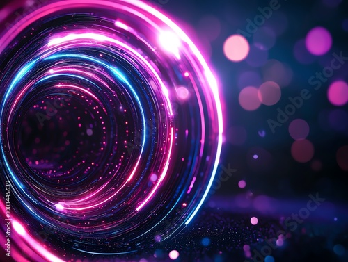 Abstract circular tunnel with vibrant pink and blue lights on a dark background, creating a futuristic atmosphere.