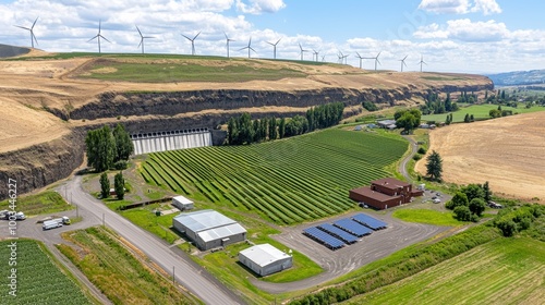 Scenic Vineyard Landscape with Wind Turbines and Farm