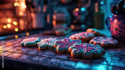 Colorful decorated cookies placed on a cooling rack, perfect for festive celebrations and cozy kitchen settings.