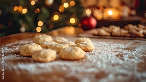 Delicious holiday cookies dusted with powdered sugar on a wooden table, evoking a warm and festive atmosphere.