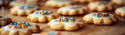Deliciously decorated cookies with colorful sprinkles on a wooden surface, perfect for festive occasions and sweet treats.