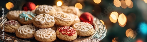 Festive cookies decorated with icing and sprinkles, perfect for holiday celebrations and gatherings amidst a cozy background.