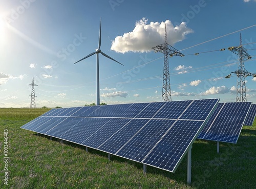 Solar panels and wind turbine in a field with power lines and a bright blue sky. photo