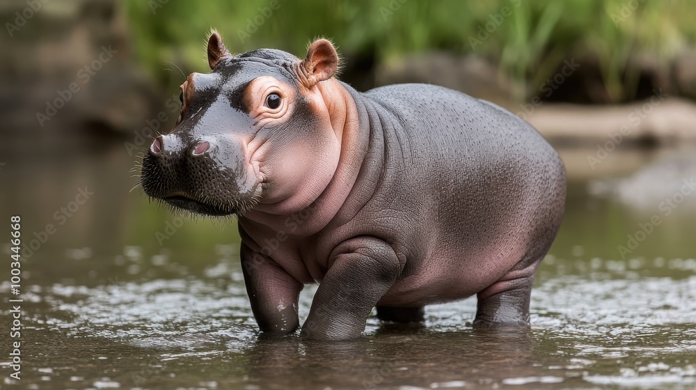 Fototapeta premium Hippo wading in water, surrounded by greenery, peaceful natural habitat.