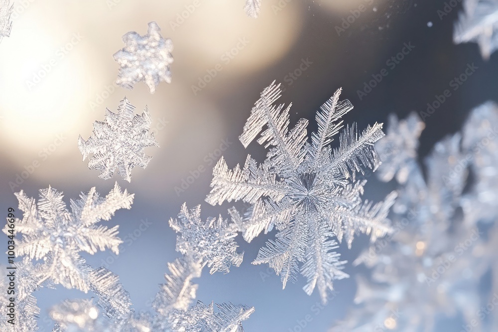A close-up of delicate snowflakes on a frosted windowpane. A close-up of delicate snowflakes on a frosted windowpane.