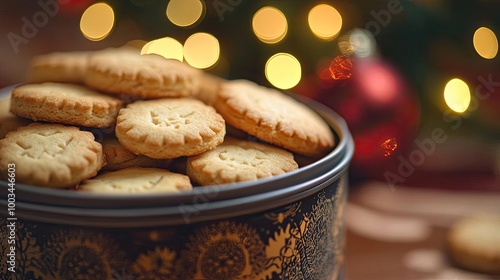 A cozy holiday scene featuring an ornate tin filled with delicious cookies, perfect for festive celebrations and gatherings.