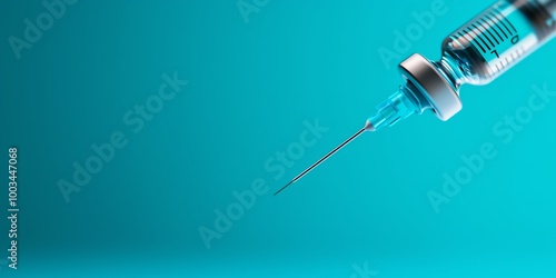 Close-up of a medical syringe with a turquoise background, symbolizing vaccination or medical procedures.