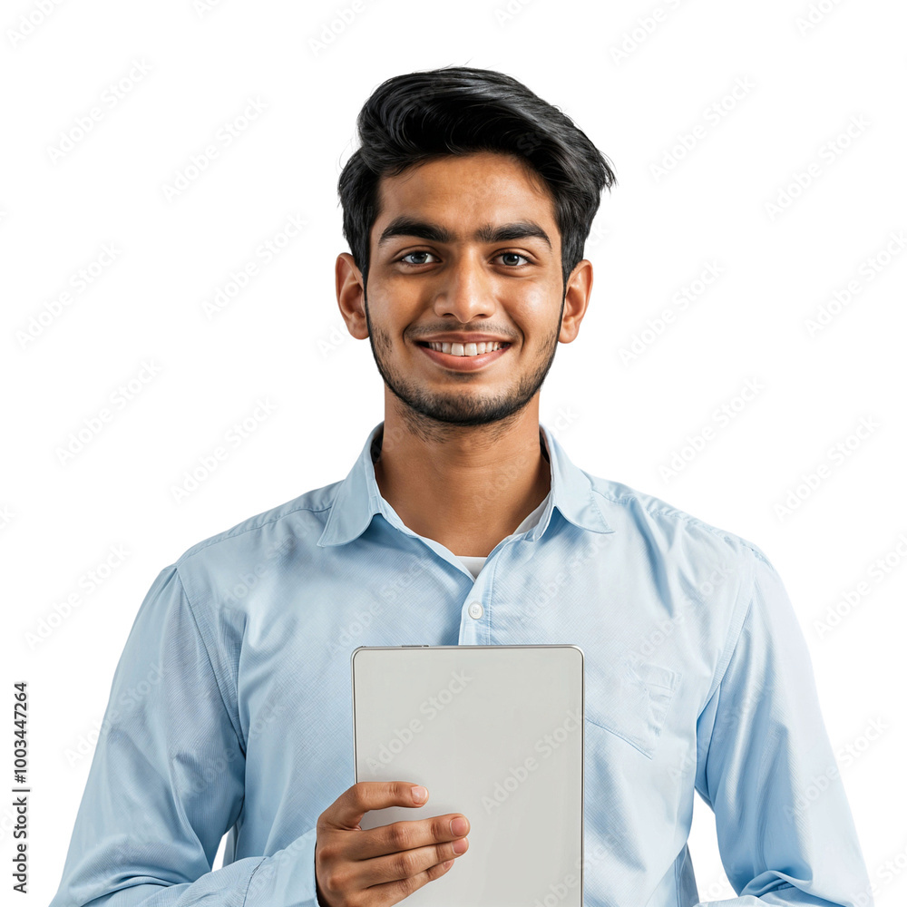 Smiling handsome businessman holding a tablet, isolated on white background Smiling handsome businessman holding a tablet, isolated on white background