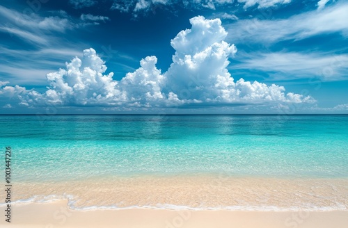 Tranquil blue ocean with fluffy white clouds and a sandy beach.