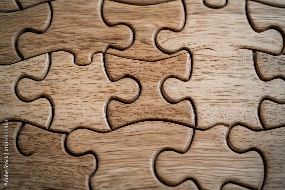 Close-up of wooden puzzle pieces interlocking on a wooden surface. Close-up of wooden puzzle pieces interlocking on a wooden surface.