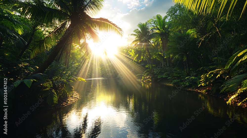 Naklejka premium Sunlight beams through palm trees and illuminates a jungle river.