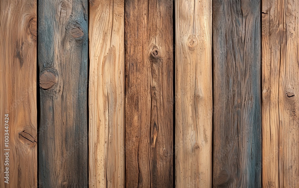 Naklejka premium Close-up textured wooden panels in various shades, showcasing natural patterns and grains, perfect for backgrounds or design elements.
