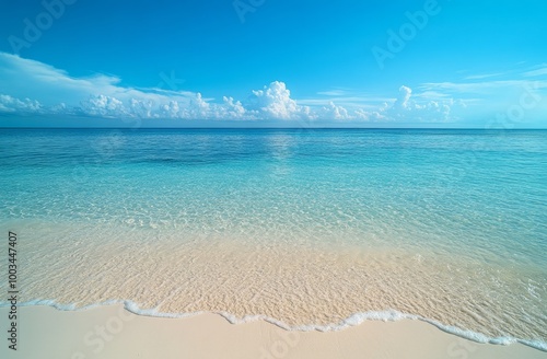 A wave gently laps the shore of a pristine white sand beach, the turquoise waters stretching out under a bright blue sky with white clouds. photo