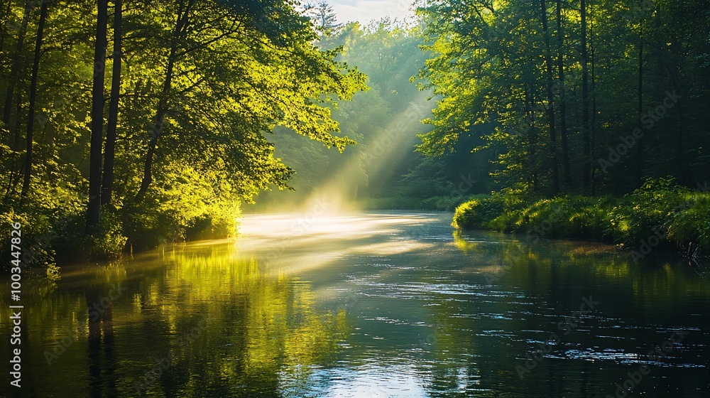 Sunlight streams through trees and illuminates a calm river in a lush forest. Sunlight streams through trees and illuminates a calm river in a lush forest.