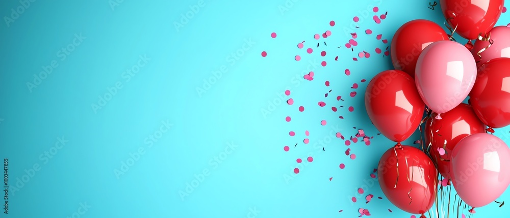 Colorful balloons with confetti on a vibrant blue background, perfect for celebrations and joyful occasions. Colorful balloons with confetti on a vibrant blue background, perfect for celebrations and joyful occasions.