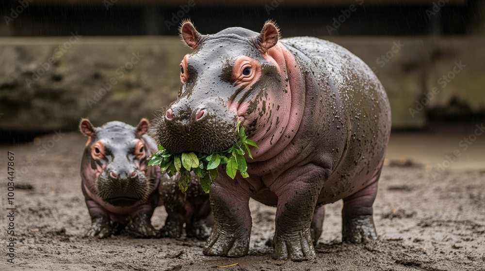 Two hippos eating greens in a muddy environment. Two hippos eating greens in a muddy environment.
