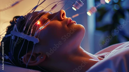 Woman lying down with eyes closed, receiving brain stimulation treatment with electrodes for improved mental well being photo