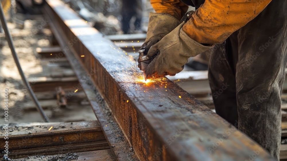 A close-up shot of a worker's hands wearing gloves and using a cutting torch on a large piece of metal. The sparks from the torch are flying off in all directions. A close-up shot of a worker's hands wearing gloves and using a cutting torch on a large piece of metal. The sparks from the torch are flying off in all directions.