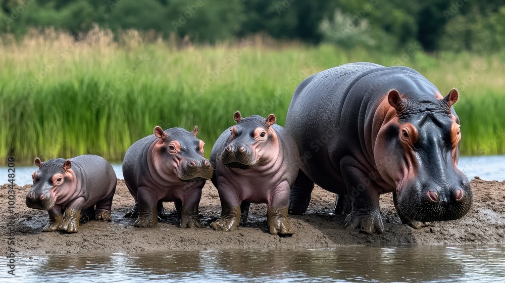 Family of hippos standing by the water, green grass in the background. Family of hippos standing by the water, green grass in the background.
