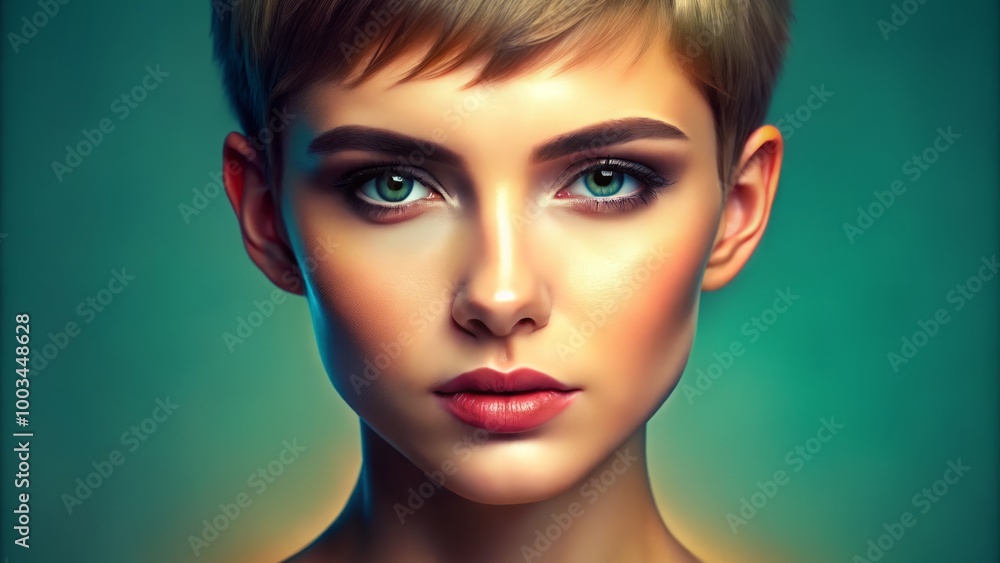A close-up of a round face with short hair highlights natural beauty and delicate facial features, radiating freshness A close-up of a round face with short hair highlights natural beauty and delicate facial features, radiating freshness