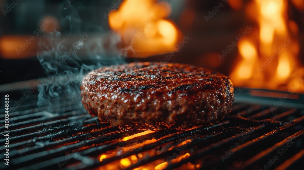Grilled Burger Patty on Flames in Outdoor Barbecue Grilled Burger Patty on Flames in Outdoor Barbecue