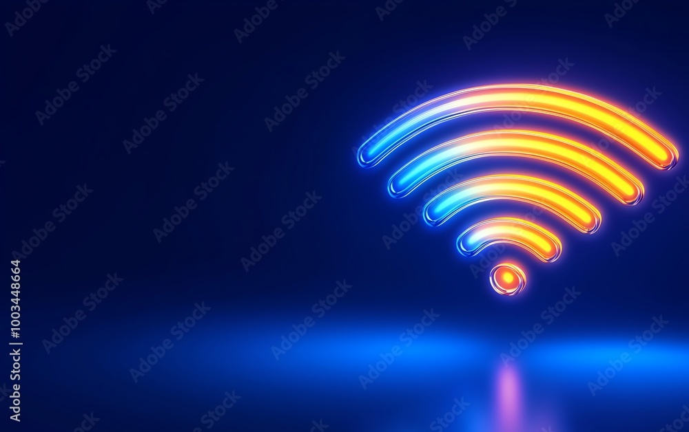 Colorful neon WiFi symbol glowing against a dark background, representing connectivity and modern digital lifestyle. Colorful neon WiFi symbol glowing against a dark background, representing connectivity and modern digital lifestyle.