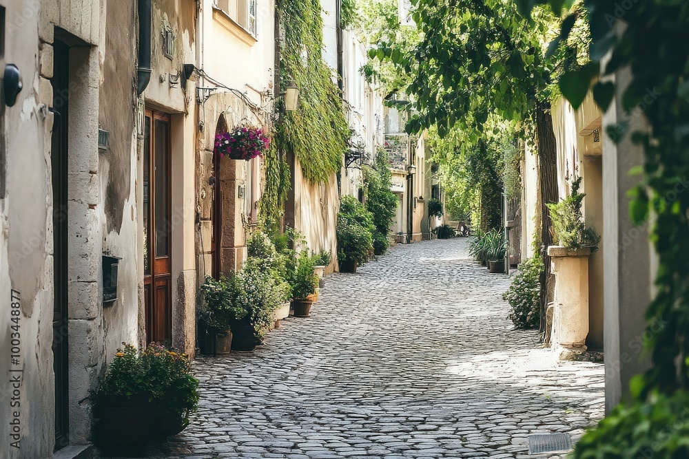 Fototapeta premium A cobblestone street lined with old buildings and lush greenery in a quaint European town.