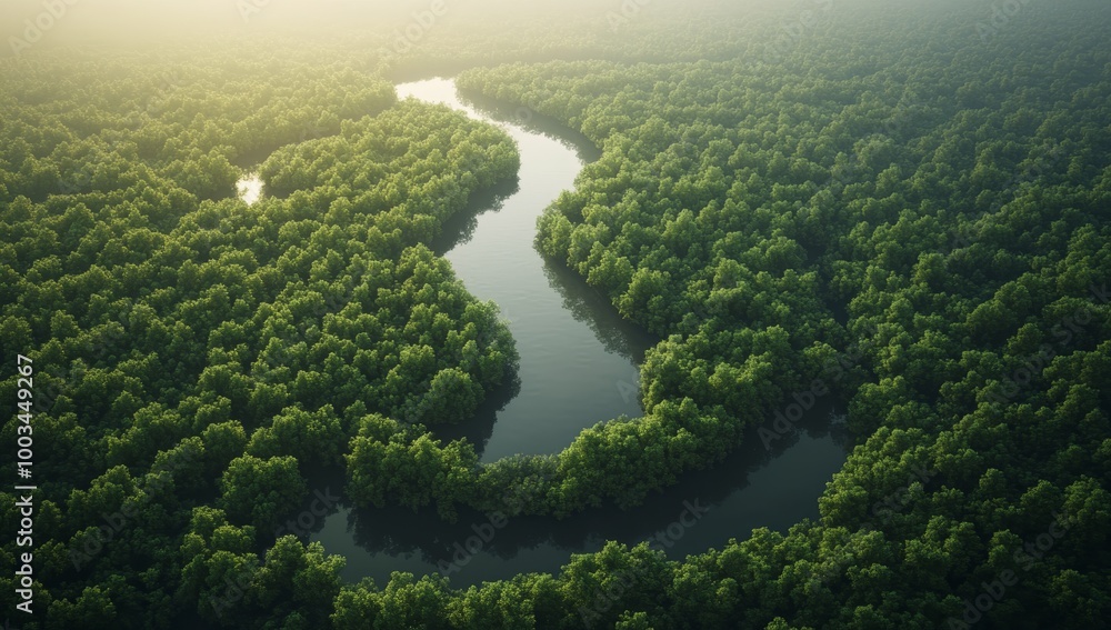 Aerial view of a winding river flowing through a dense green forest. Aerial view of a winding river flowing through a dense green forest.