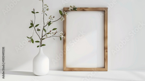A blank white wooden frame with room for copy text next to vase with flowers simple advertisement