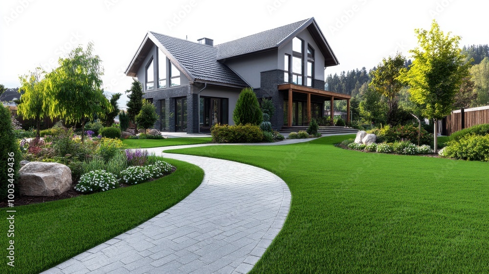Modern House with Lush Garden and Pathway Modern House with Lush Garden and Pathway