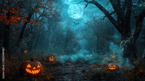 Glowing Jack-O-Lanterns in a Spooky Forest Under a Full Moon photo