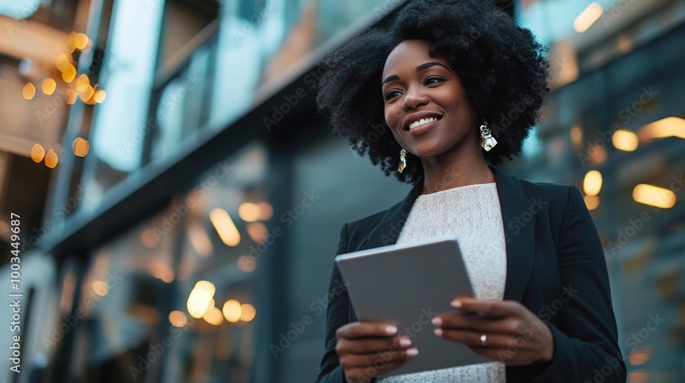 Confident Woman Holding Tablet Outside Modern Building Confident Woman Holding Tablet Outside Modern Building