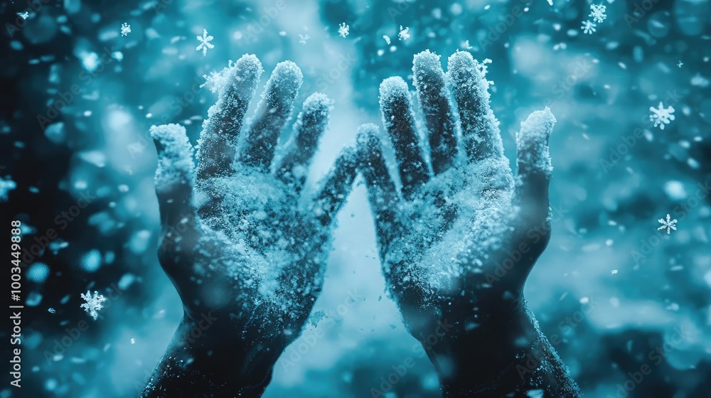 Two hands open in the air, catching falling snowflakes, creating a serene winter atmosphere filled with frost and tranquility. Two hands open in the air, catching falling snowflakes, creating a serene winter atmosphere filled with frost and tranquility.