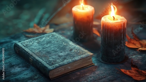 An Ancient Book and Burning Candles on a Dark Wooden Table photo