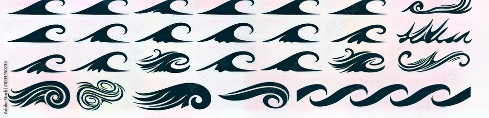 Stylized illustrations of ocean waves in various shapes and forms. Stylized illustrations of ocean waves in various shapes and forms.