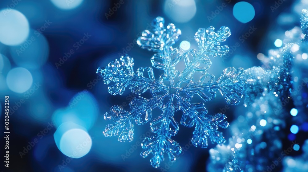 A close-up of a delicate blue snowflake surrounded by shimmering bokeh, capturing the essence of winter's beauty and tranquility. A close-up of a delicate blue snowflake surrounded by shimmering bokeh, capturing the essence of winter's beauty and tranquility.