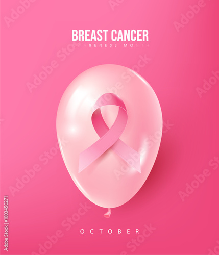 Breast cancer october awareness month poster banner background with pink ribbon and pink balloon