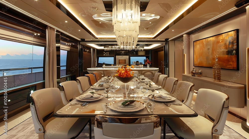 A contemporary dining area with a large table, designer chairs, and a chandelier above. A contemporary dining area with a large table, designer chairs, and a chandelier above.