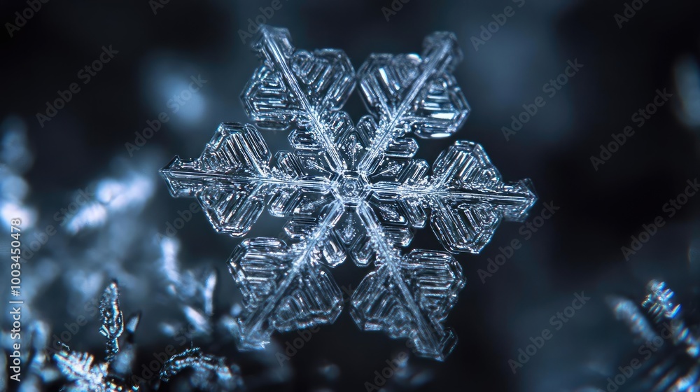 Close-up of a delicate snowflake, showcasing intricate patterns and crystalline structure against a dark background. Close-up of a delicate snowflake, showcasing intricate patterns and crystalline structure against a dark background.