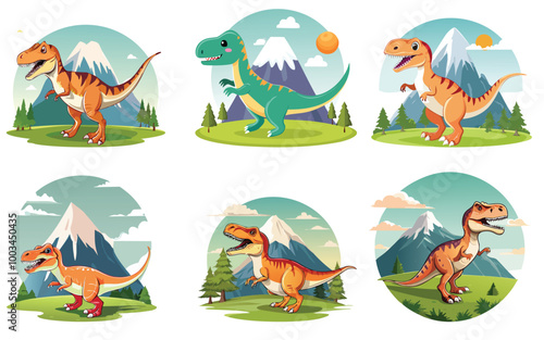 Cute vintage Dinosaur T Rex with Mountain Vector illustration 