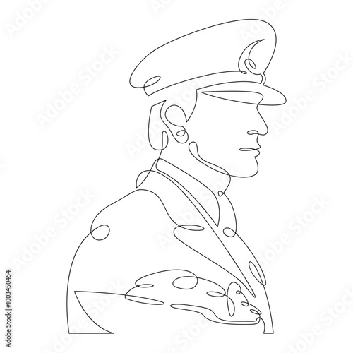 The captain of the ship in a cap. Ship liner frigate logo symbol. Portrait of a sailor officer in uniform.One continuous line .One continuous drawing line logo isolated minimal illustration.