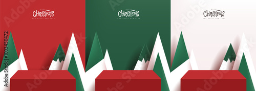 Merry Christmas banner with product display table and Artificial Christmas Trees backdrop photo