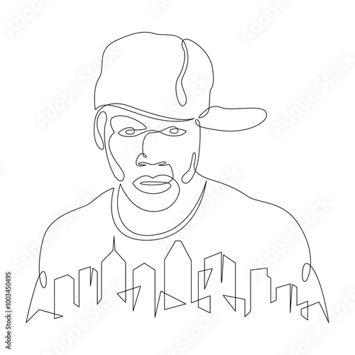 Rapper in a baseball cap. City silhouette of skyscrapers. Rapper singer logo portrait.One continuous line .One continuous drawing line logo isolated minimal illustration.