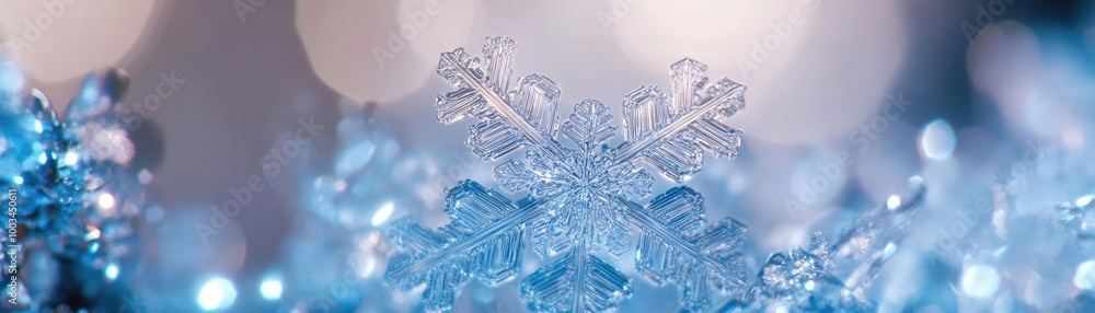 Close-up view of a beautiful snowflake on a shimmering surface, showcasing intricate details and a frosty blue ambiance. Close-up view of a beautiful snowflake on a shimmering surface, showcasing intricate details and a frosty blue ambiance.