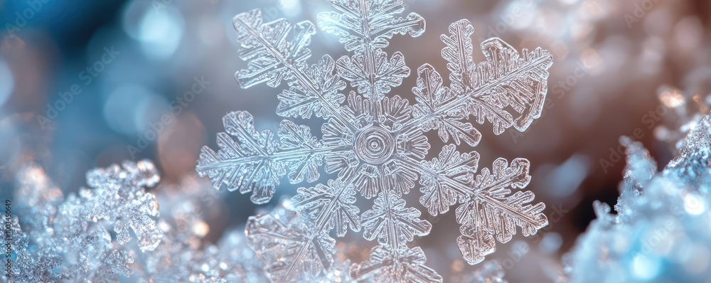 Close-up of a delicate snowflake resting on soft snow, showcasing intricate patterns and beautiful crystal formations in winter light. Close-up of a delicate snowflake resting on soft snow, showcasing intricate patterns and beautiful crystal formations in winter light.