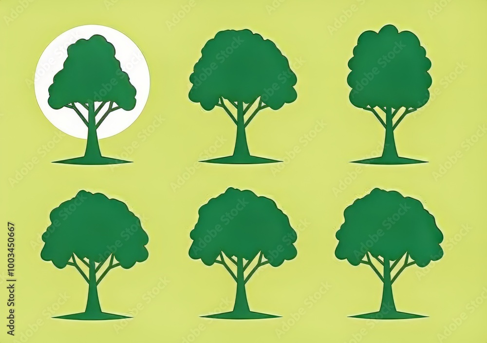 Fototapeta premium Colorful abstract tree silhouettes on a bright green background.