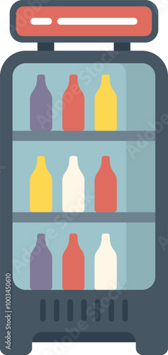 Display fridge filled with beverages in bottles standing on the floor in supermarket or grocery store