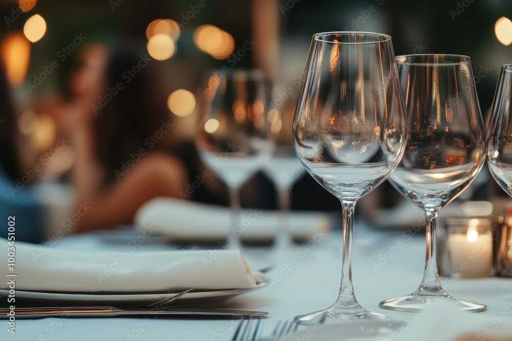 Two empty wine glasses on a table set for dinner at an outdoor restaurant with a blurred background of people and lights. Two empty wine glasses on a table set for dinner at an outdoor restaurant with a blurred background of people and lights.